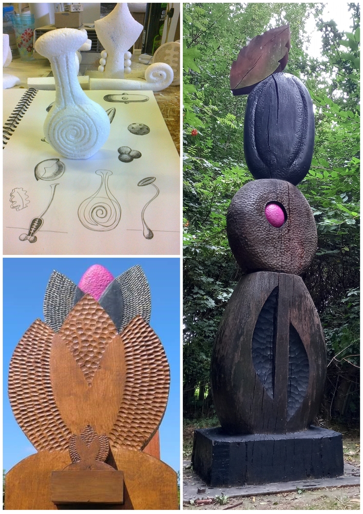 Images of maquette, sketches and wood carvings