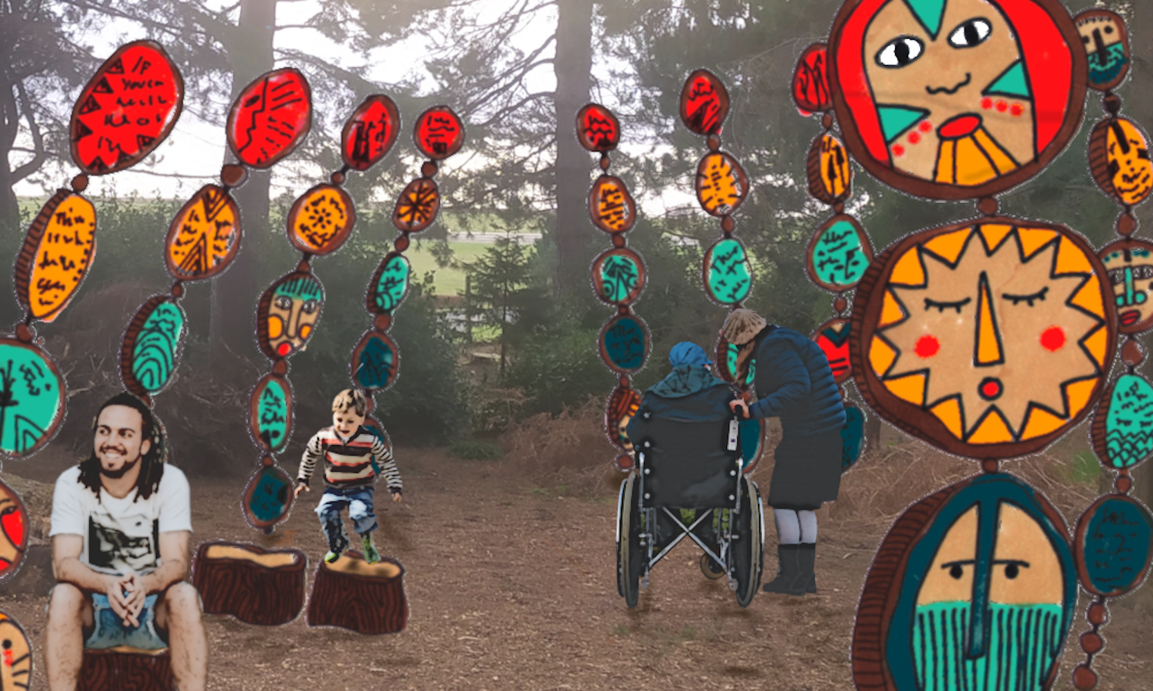 Photo of people in gardens with artwork overlaid.